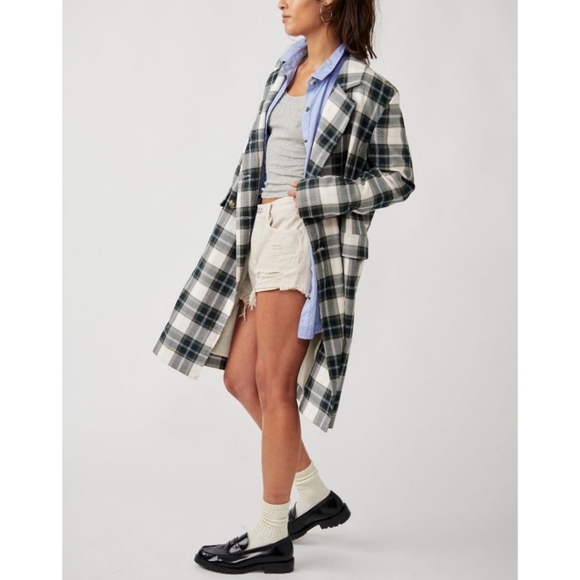 NWT Free People Freddie Longline Plaid Blazer Green Cream - Picture 3 of 9